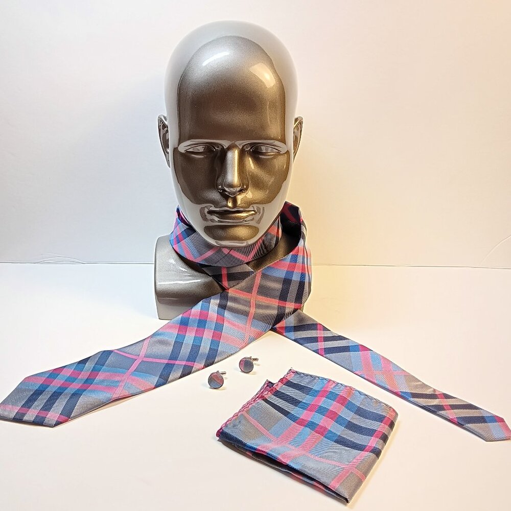 TWENTY DOLLAR TIE CLUB100% SILK- NECKTIE / POCKET SQUARE /CUFFLINKS - BLUE /PINK
